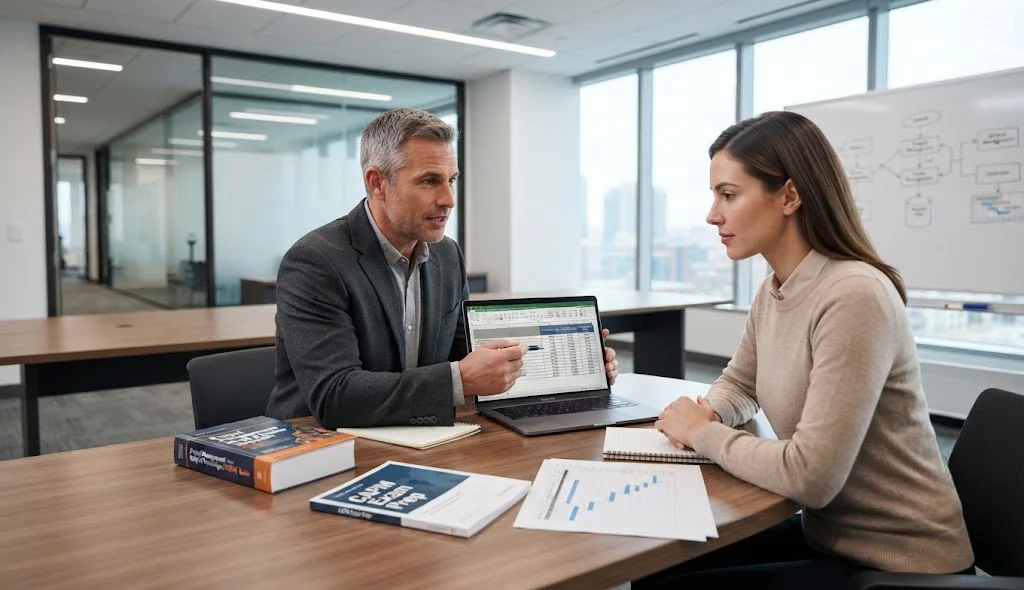 Certified Associate in Project Management candidate discussing certification examination costs with an experienced project instructor.