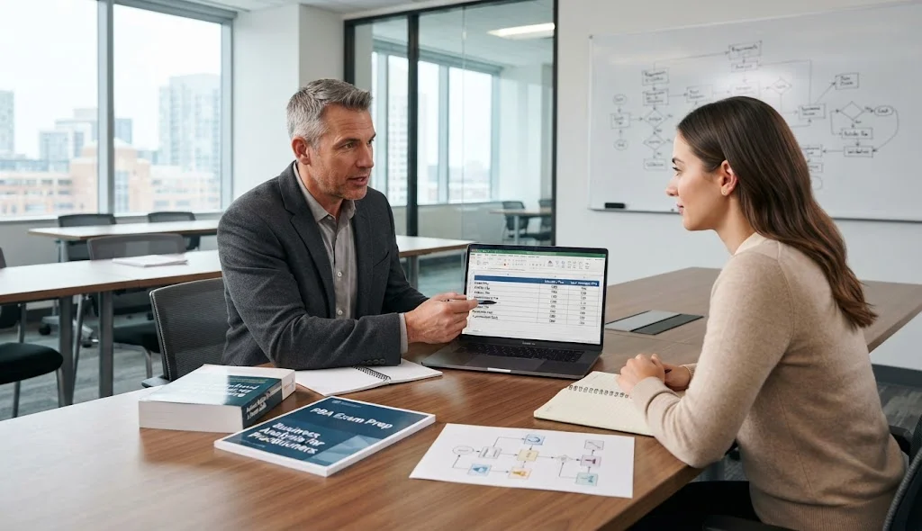 PMI Professional in Business Analysis candidate discussing certification examination costs with an experienced instructor.