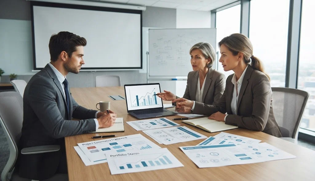 PMO Certified Professional candidate discussing certification examination costs with an experienced PMO instructor in a training room.
