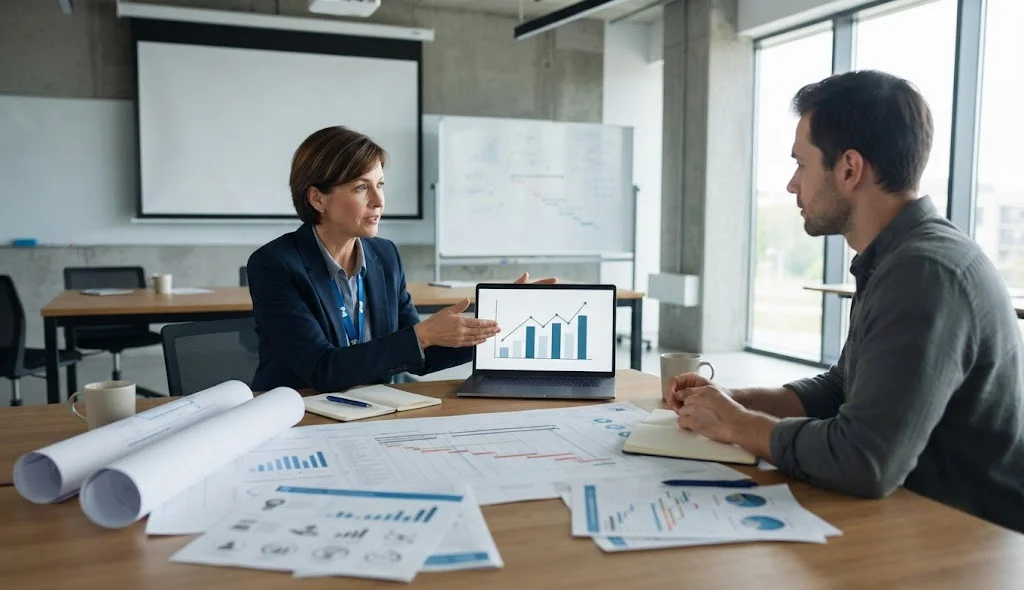 Project Management Professional candidate discussing certification examination costs with an experienced PMI instructor in a training room.