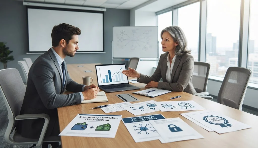 OSAI+ certification candidate discussing examination costs with an experienced cybersecurity instructor in a training room.