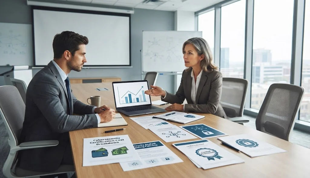 OSCC-SEC certification candidate discussing examination costs with an experienced cybersecurity instructor in a training room.