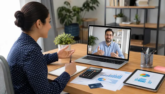 Learner discussing eCDFP Certification examination cost with an online instructor using budget sheets, charts, and a calculator.