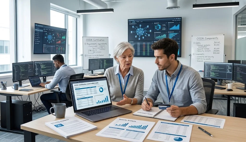 OSDA certification candidate discussing examination costs with an experienced cybersecurity instructor in a professional training room.