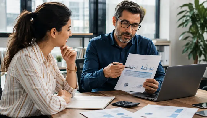 Learner discussing eCIR Certification exam cost with an instructor using budget sheets and a calculator in a bright modern office.