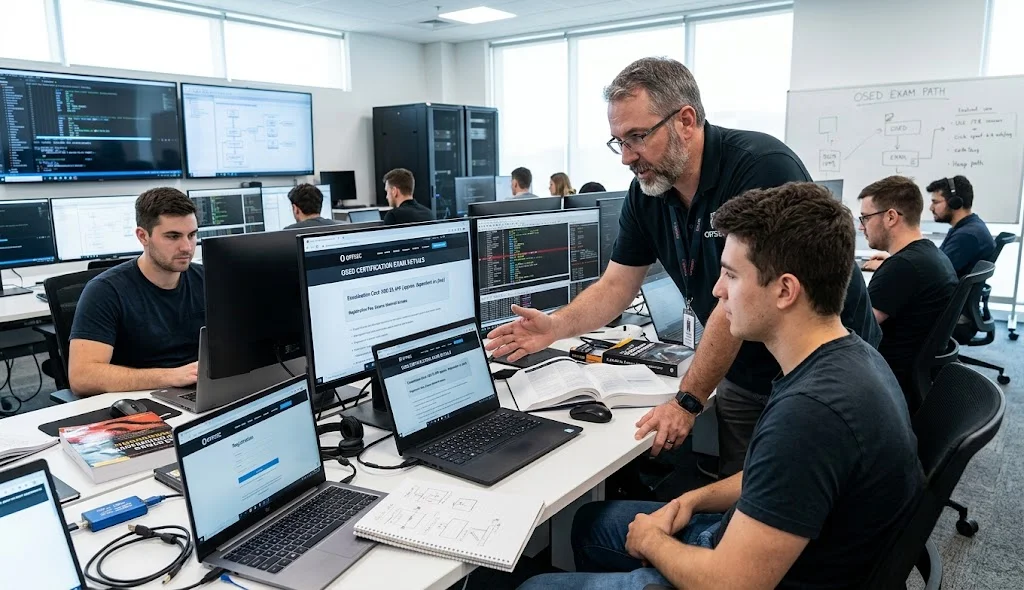 OSED certification candidate discussing examination costs with an experienced exploit development instructor in a training room.