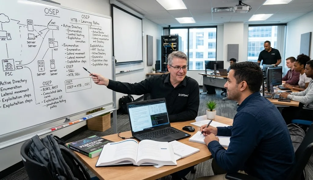 OSEP certification candidate discussing examination costs with an experienced red team instructor in a professional training room.