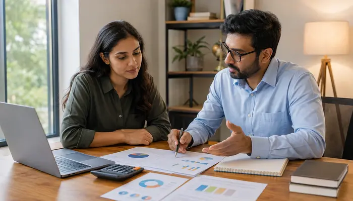Learner discussing eCTHP Certification exam cost with an instructor using budget sheets and a calculator in modern office.
