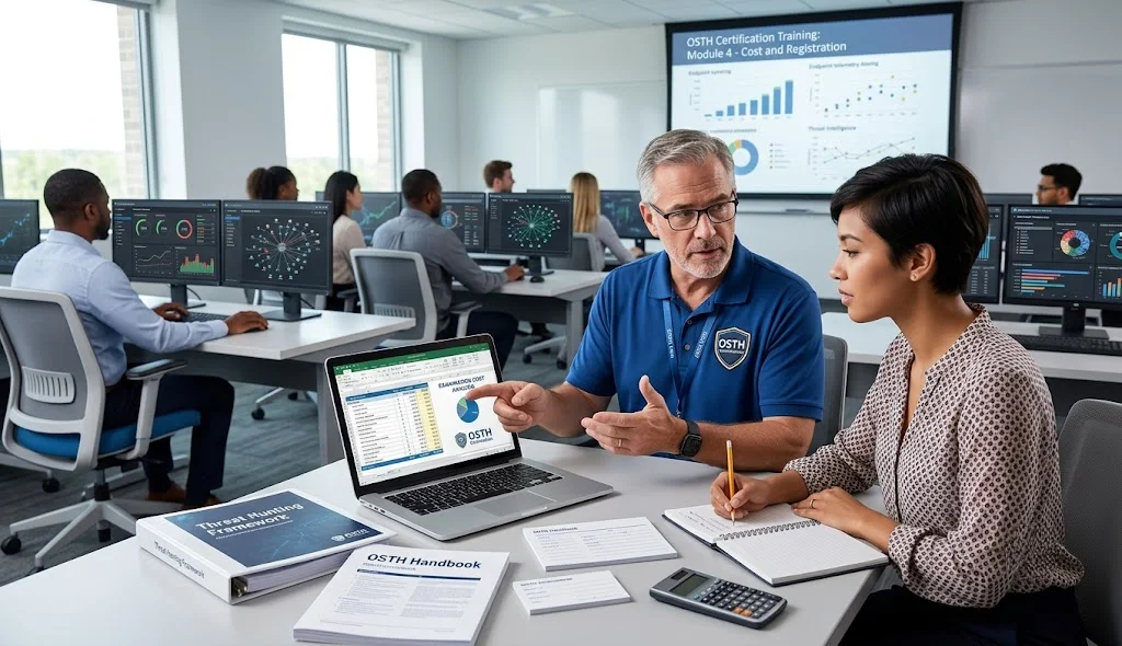 OSTH certification candidate discussing examination costs with an experienced threat hunting instructor in a training room.
