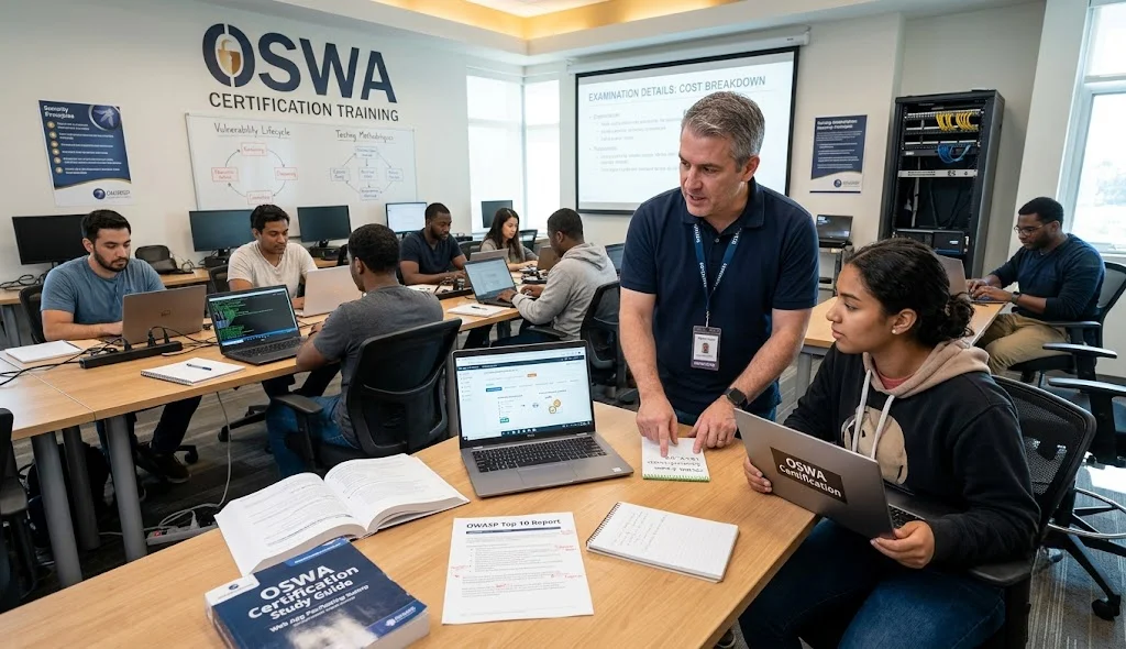 OSWA certification candidate discussing examination costs with an experienced web application security instructor in training.