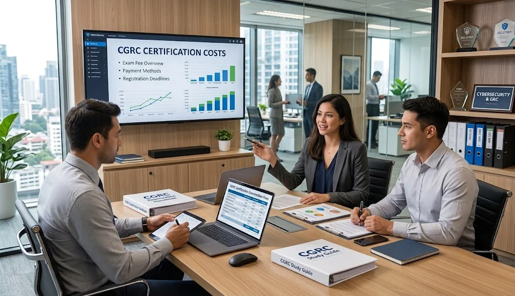 CGRC certification candidate discussing examination costs with an experienced governance, risk, and compliance instructor in training.