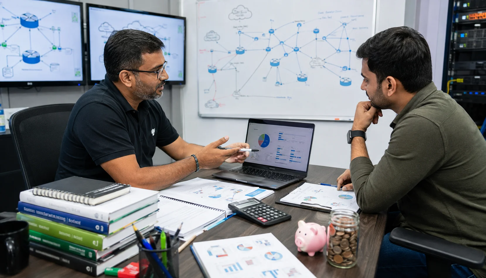 JNCIE-ENT candidate discussing certification examination costs with an experienced Juniper instructor in a training room.