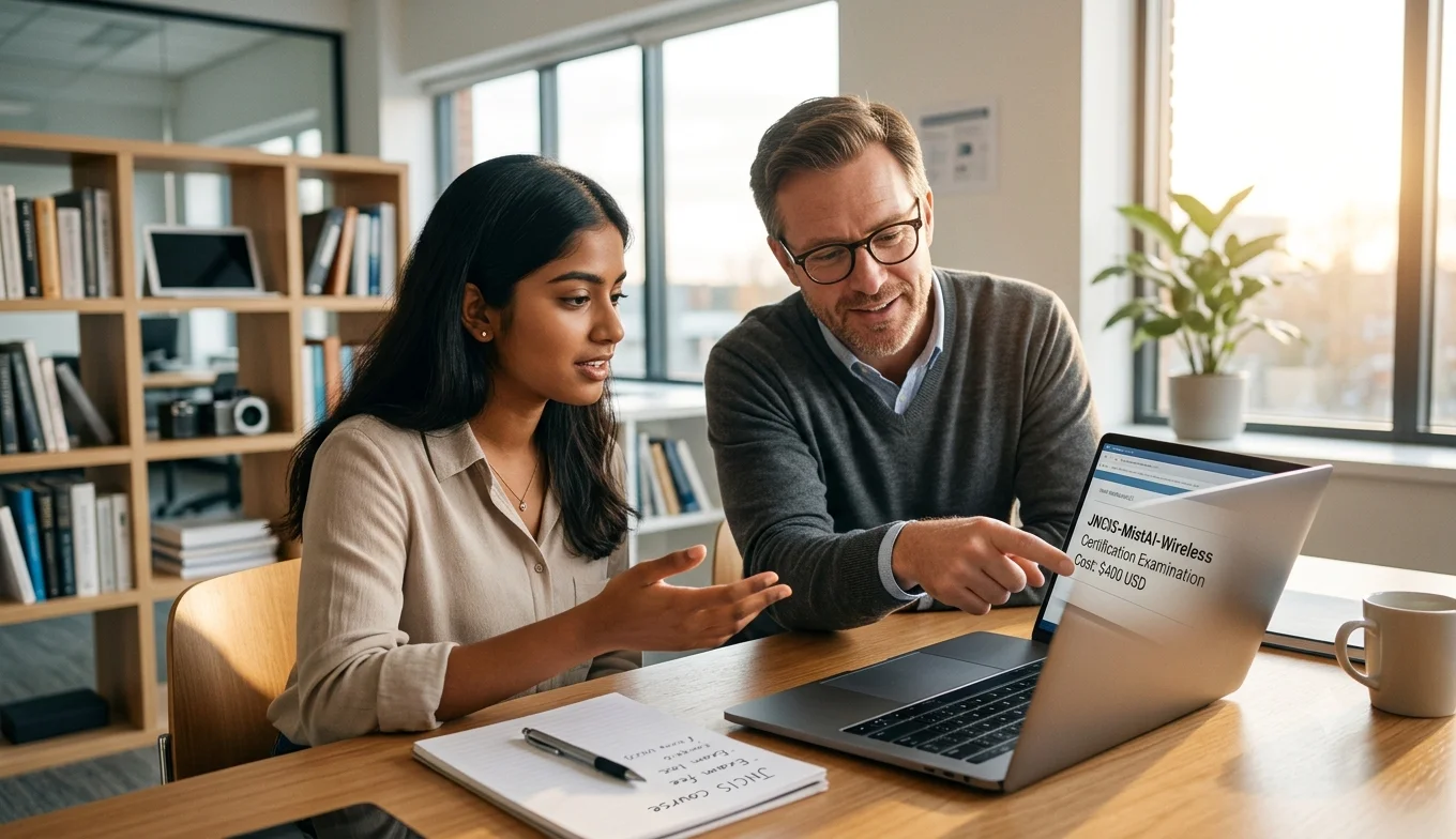 JNCIS-MistAI-Wireless Certification professional discussing examination costs and certification options with a senior mentor in a modern office.