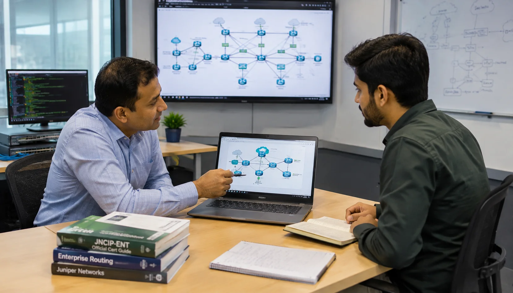 JNCIP-ENT candidate discussing certification examination costs with an experienced Juniper instructor in a modern training room.