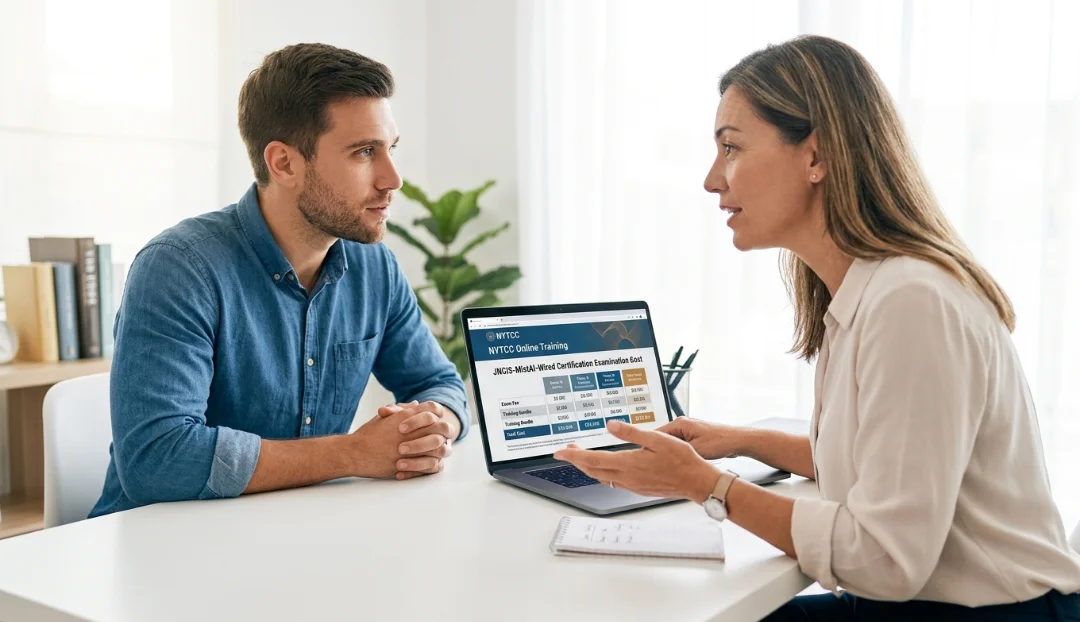 JNCIS-MistAI-Wired Certification professional discussing examination costs and certification options with a senior mentor in a modern office.