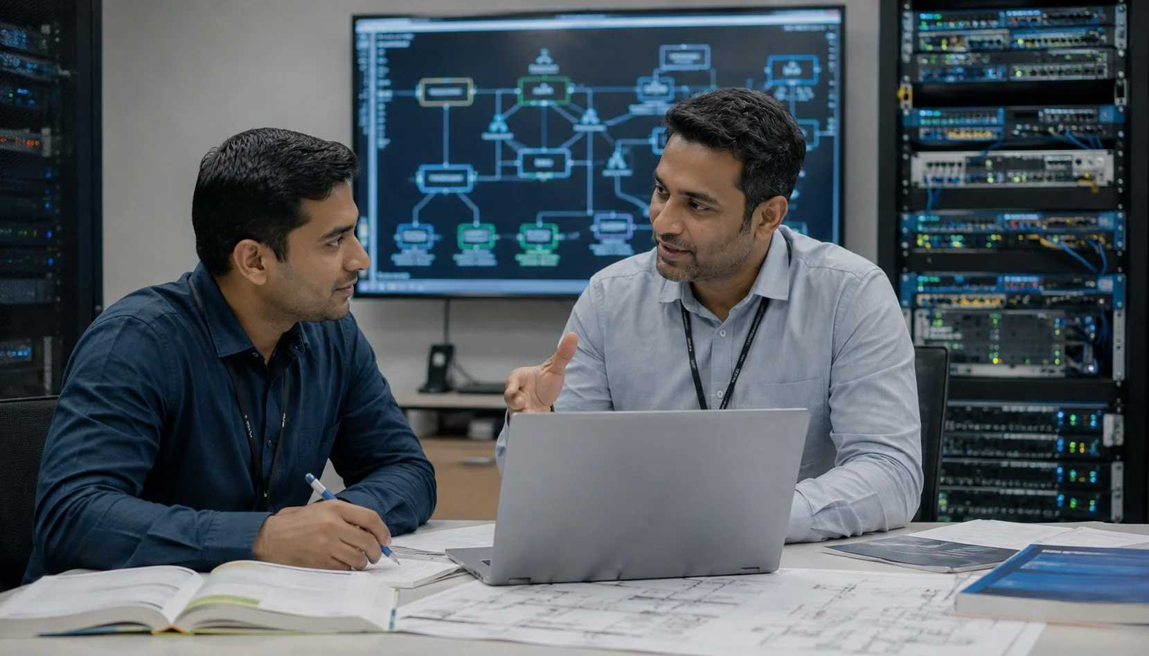 JNCIS-DC candidate discussing certification examination costs with an experienced Juniper instructor in a training room.