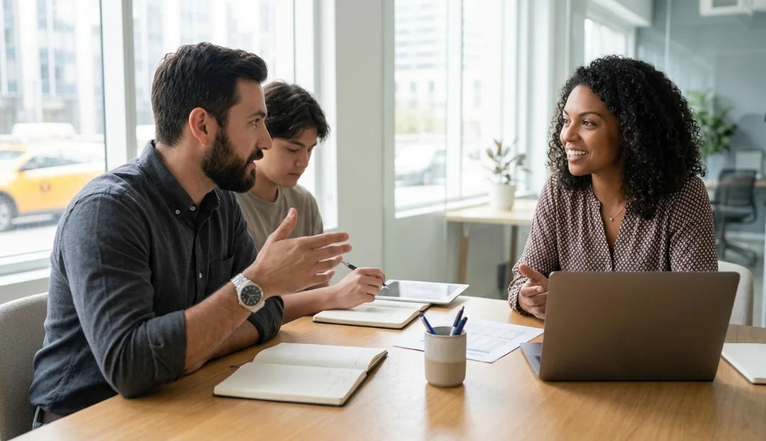 ECSS Certification professional discussing examination costs and certification options with a senior mentor in a modern office.