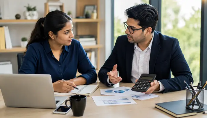 OET Certification professional discussing examination costs and certification options with a senior mentor in a modern office.