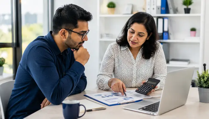 C-SBP Certification professional discussing examination costs and certification options with a senior mentor in a modern office.