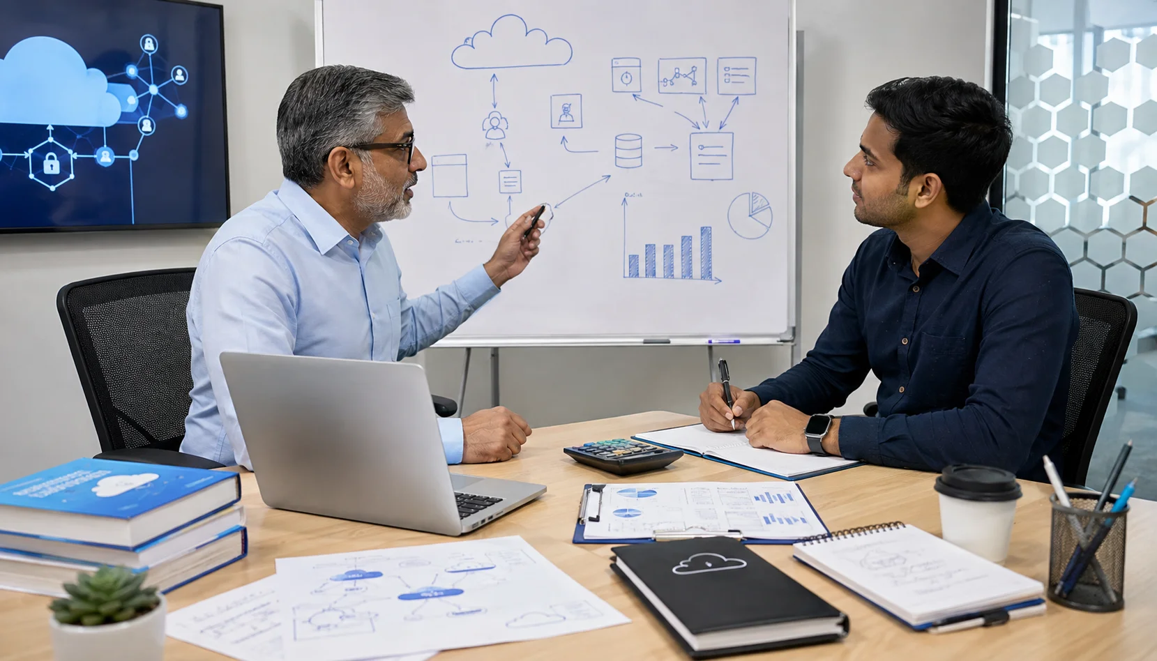 Associate Cloud Engineer candidate discussing certification examination costs with an experienced cloud instructor in a training room.