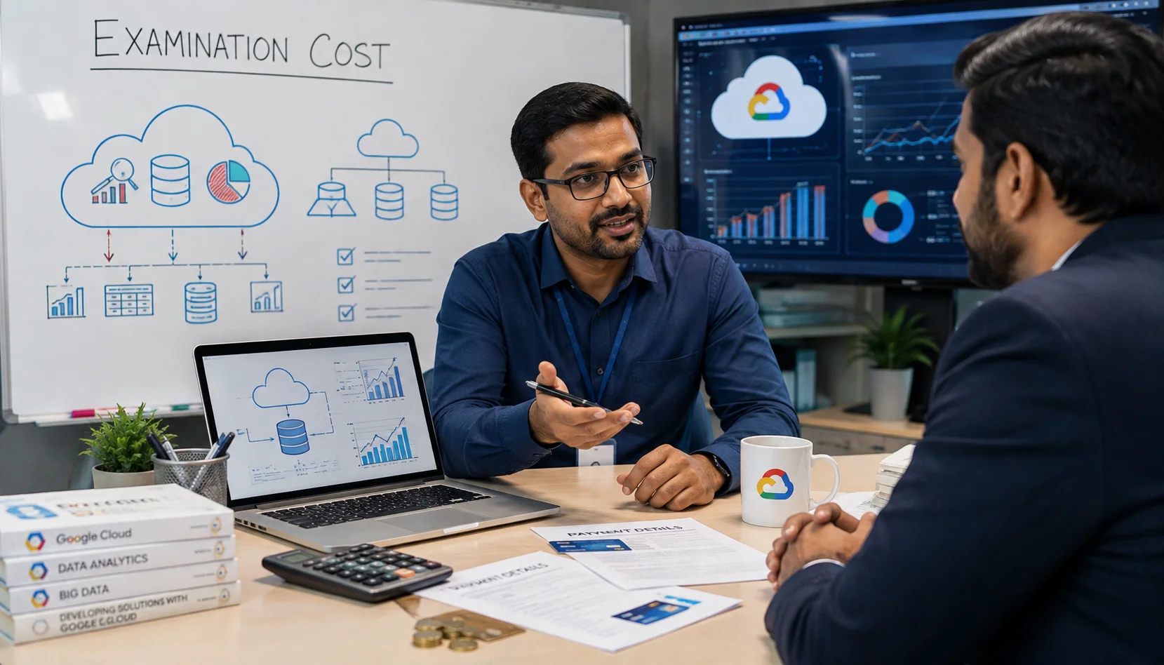 GCP Associate Data Practitioner candidate discussing certification examination costs with a data instructor in a training room.