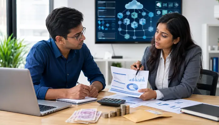Kubernetes and Cloud Native Associate Certification professional discussing examination costs and certification options with a senior mentor in a modern office.