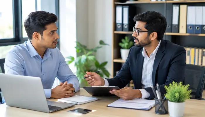 JNCIS-SEC Certification professional discussing examination costs and certification options with a senior mentor in a modern office.