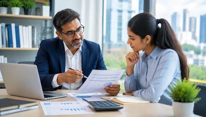 CompTIA SecurityX Certification professional discussing examination costs and certification options with a senior mentor in a modern office.