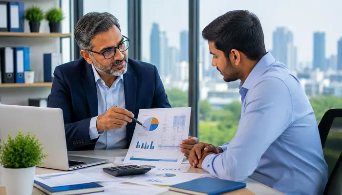 Program Management Professional candidate discussing certification examination costs with an experienced program instructor.