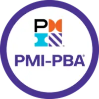 PMI-PBA certification logo featuring PMI branding and the Professional in Business Analysis designation in a circular purple design.