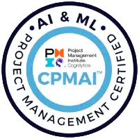CPMAI Project Management AI and ML certification logo featuring CPMAI branding with a circular blue and white design.