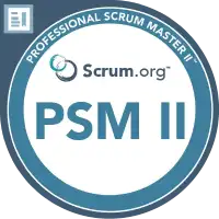 Circular Scrum.org badge with a blue and white design, featuring the text “PSM II” in the center and “Professional Scrum Master II” around the top edge.