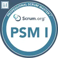 Circular Scrum.org badge with a blue and white design, featuring the text “PSM I” in the center and “Professional Scrum Master I” around the top edge.