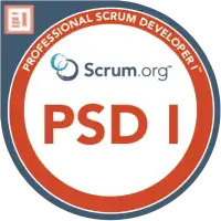 Circular Scrum.org badge with a red and white design, featuring the text “PSD I” in the center and “Professional Scrum Developer I” around the top edge.