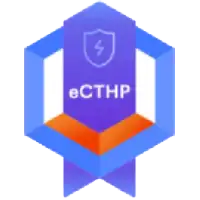 Blue and purple geometric certification badge featuring a central hexagon with a shield-and-lightning icon and the text “eCTHP,” surrounded by blue and orange geometric shapes.