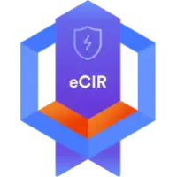 Blue and purple geometric certification badge featuring a central hexagon with a shield-and-lightning icon and the text “eCIR,” surrounded by blue and orange geometric shapes.