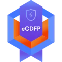 Blue and purple geometric certification badge featuring a central hexagon with a shield-and-lightning icon and the text “eCDFP,” surrounded by blue and orange geometric shapes.