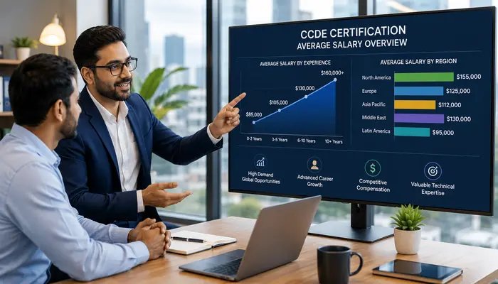 CCDE Certification professional reviewing average salary trends, regional pay, and career growth with a senior mentor in a modern office.
