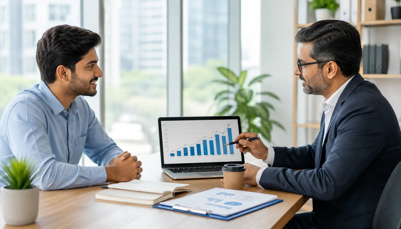 Professional discussing average salary after Professional Scrum Master I Certification with a senior mentor during an online session.