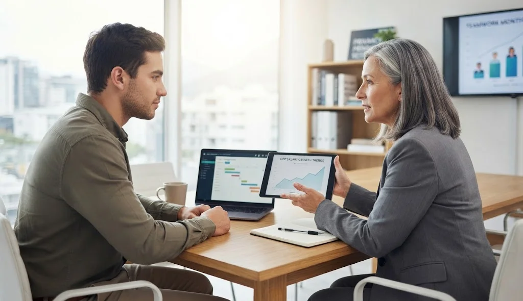 Professional discussing average salary after CIPP Certification with a senior mentor during an online session.