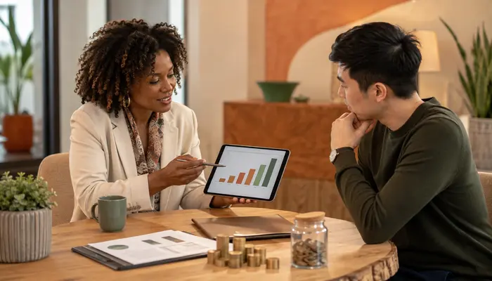 CCNP Automation Certification professional discussing average salary growth with a senior advisor using charts in a modern office.