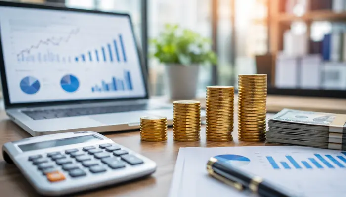 CCNA Certification salary discussion with senior mentor, growth chart, coins, calculator and pay planning in a modern office.