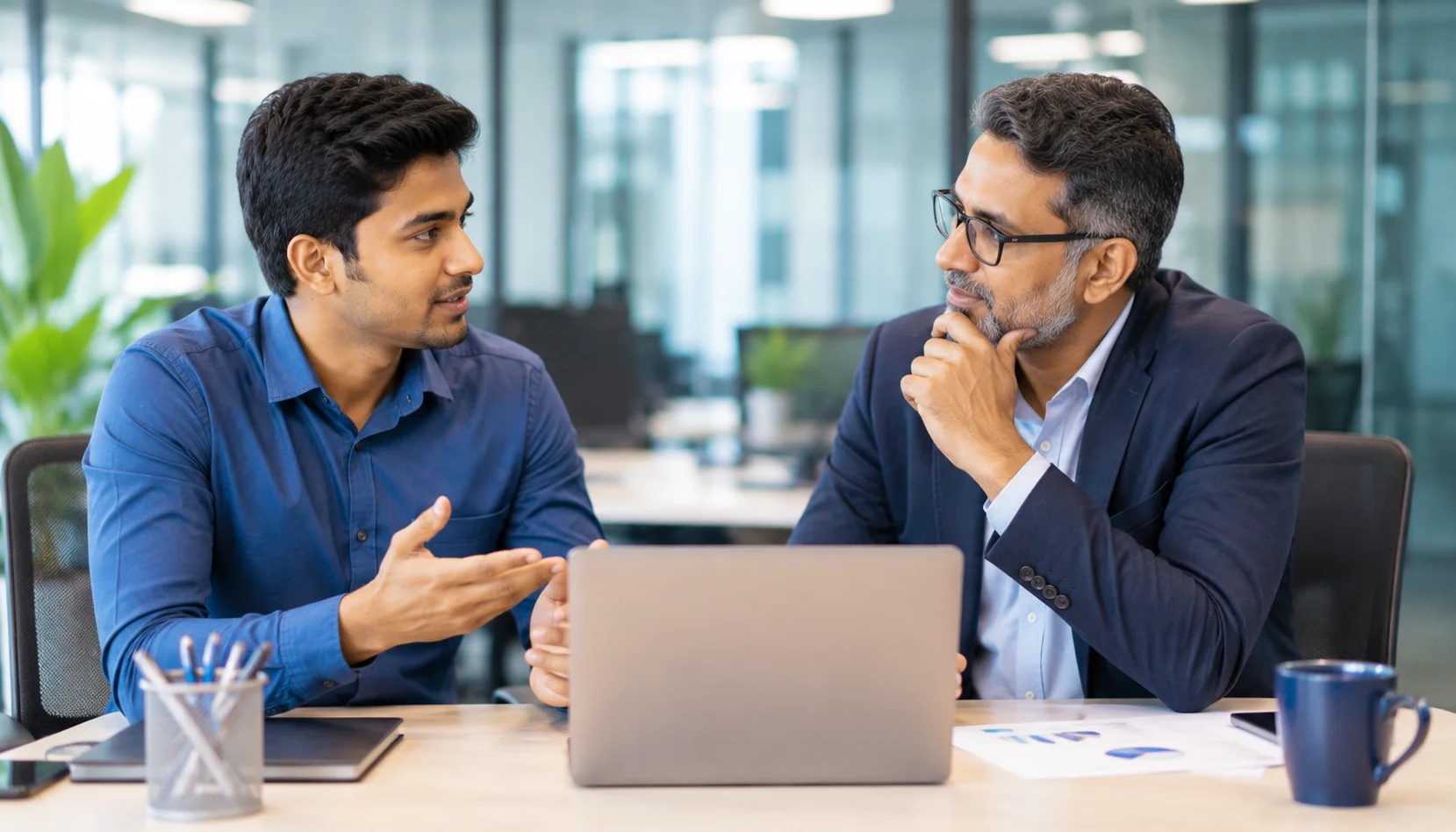 Professional discussing average salary after Salesforce Certified MuleSoft Developer I Certification with a senior mentor online.