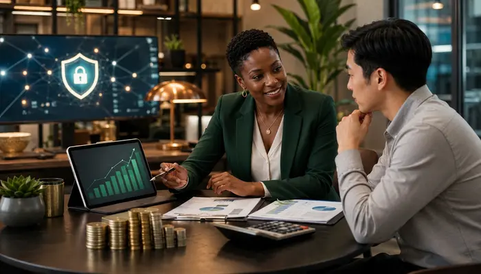 Cisco Cybersecurity Professional Certification salary review with mentor, coins, calculator, and growth chart in modern office.