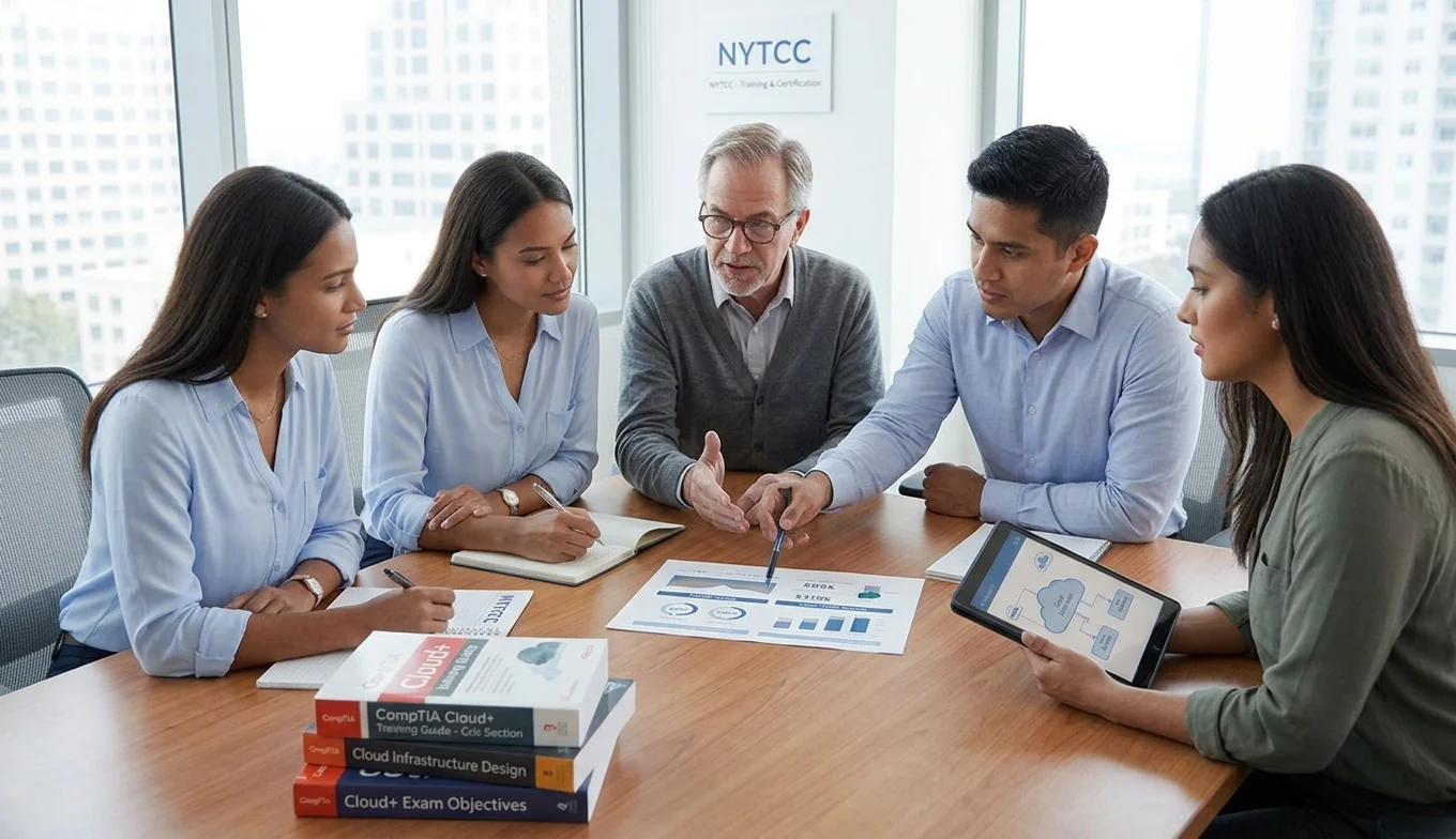 CompTIA Cloud+ Certification professional discussing average salary and career growth with a senior mentor in a modern office.