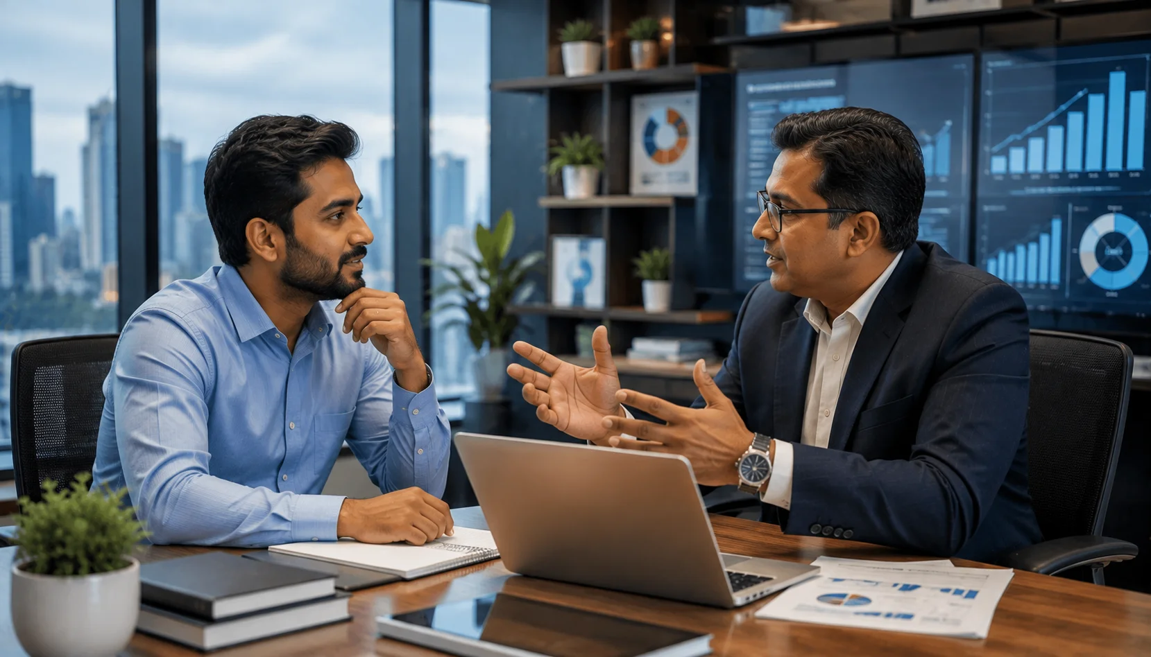 SAFe DevOps Practitioner discussing average salary and earning potential with a senior mentor in a modern technology office.