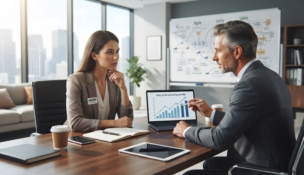 SAFe Practitioner discussing average salary and earning potential with a senior mentor in a modern business office.