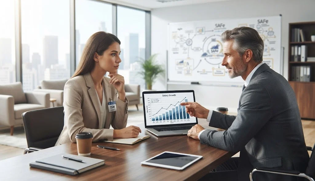 SAFe Scrum Master discussing average salary and earning potential with a senior mentor in a modern business office.