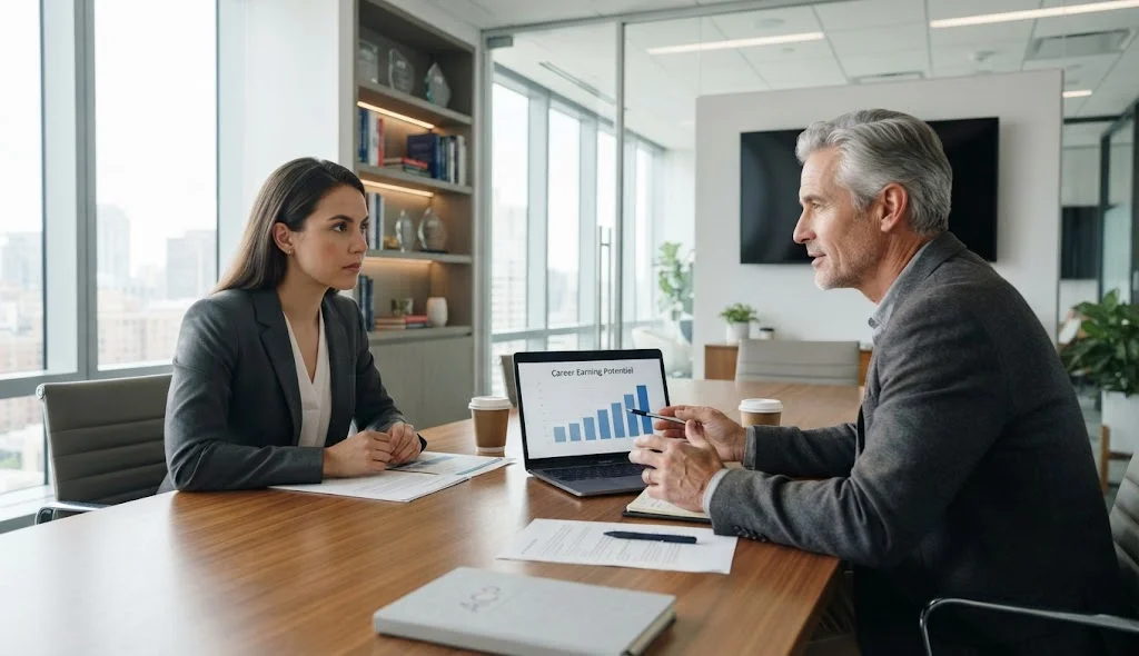PMI Agile Certified Practitioner discussing average salary and earning potential with a senior mentor in a modern office.