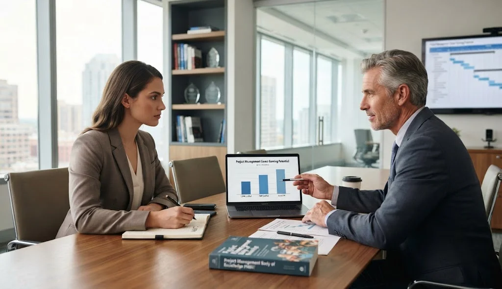 Certified Associate in Project Management professional discussing salary growth with a senior project management mentor.